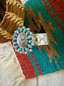 Navajo White Buffalo, Turquoise & Sterling Silver Cluster Cuff Bracelet