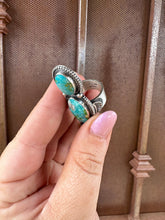 Load image into Gallery viewer, Navajo Sonoran Gold Turquoise &amp; Sterling Silver 3 Stone Ring Size 8 Signed