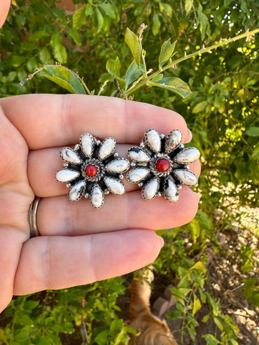 *AUTHENTIC* Handmade White Buffalo, Coral & Sterling Silver Cluster Earrings Signed Nizhoni (Copy)
