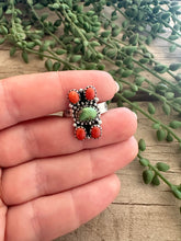 Load image into Gallery viewer, Beautiful Handmade Sonoran Turquoise, Coral And Sterling Silver Adjustable Ring