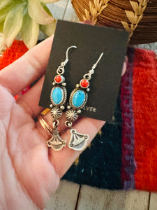 Navajo Turquoise, Coral and Sterling Silver Dangle Earrings