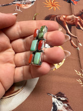 Load image into Gallery viewer, Beautiful Handmade Coral, Sonoran Turquoise And Sterling Silver Adjustable 6 STONE BAR Ring