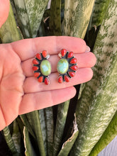 Load image into Gallery viewer, Handmade Sonoran Mountain Turquoise, Coral and Sterling Silver Crescent Post Earrings