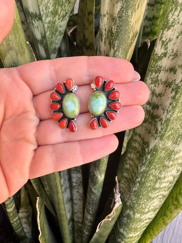 Handmade Sonoran Mountain Turquoise, Coral and Sterling Silver Crescent Post Earrings