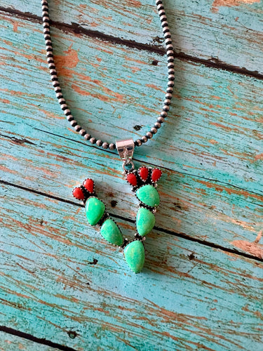 Handmade Sterling Silver, Coral & Dyed Kingman Turquoise Cactus Pendant