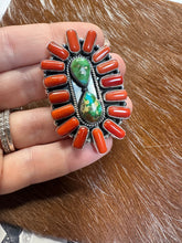 Load image into Gallery viewer, Beautiful Handmade Coral, Sonoran Turquoise And Sterling Silver Adjustable Ring