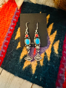 Navajo Turquoise, Coral and Sterling Silver Dangle Earrings