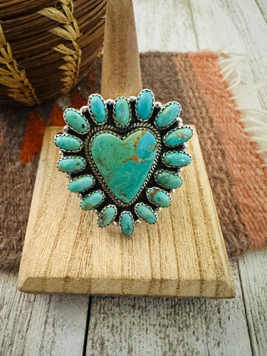 Handmade Sterling Silver & Turquoise Cluster Adjustable Heart Ring by Nizhoni