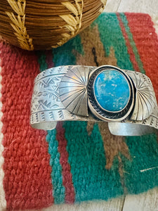 Navajo Hand Stamped Sterling Silver & Turquoise Cuff Bracelet