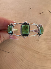 Load image into Gallery viewer, Nizhoni Handmade Sterling Silver &amp; Sonoran Mountain Turquoise 3 Stone Adjustable Cuff Bracelet