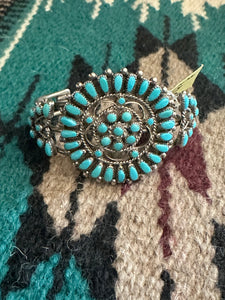 Navajo Old Pawn Cluster Kingman Turquoise & Sterling Silver Cuff Bracelet