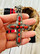 Load image into Gallery viewer, SALE *AUTHENTIC* Navajo Sterling Silver &amp; Coral Cross Pendant by Shawn Cayatineto