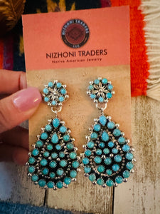 Navajo Turquoise & Sterling Silver Cluster Dangle Earrings