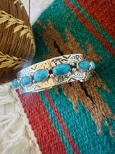 Load image into Gallery viewer, Navajo Hand Stamped Sterling Silver &amp; Turquoise Cuff Bracelet by Benson Shorty