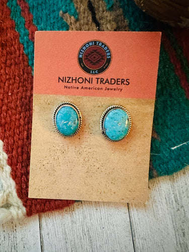 Navajo Kingman Turquoise and Sterling Silver Stud Earrings