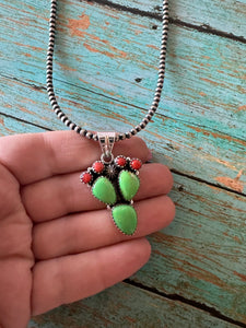 Handmade Sterling Silver, Coral & Dyed Kingman Turquoise Cactus Pendant