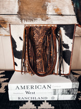 Load image into Gallery viewer, Cowhide and Tooled Leather Fringe Bag Tote