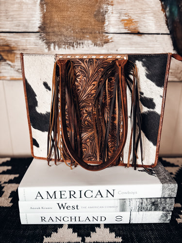 Cowhide and Tooled Leather Fringe Bag Tote