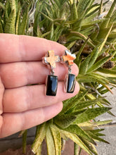 Load image into Gallery viewer, Handmade Onyx, Spice and Sterling Silver Post Dangle Cross Earrings Signed Nizhoni