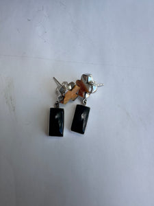 Handmade Onyx, Spice and Sterling Silver Post Dangle Cross Earrings Signed Nizhoni