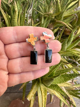 Load image into Gallery viewer, Handmade Onyx, Spice and Sterling Silver Post Dangle Cross Earrings Signed Nizhoni