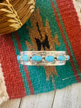 Load image into Gallery viewer, Navajo Hand Stamped Sterling Silver &amp; Turquoise Cuff Bracelet by Benson Shorty