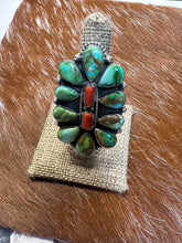 Load image into Gallery viewer, Beautiful Handmade Coral, Sonoran Turquoise And Sterling Silver Adjustable Ring