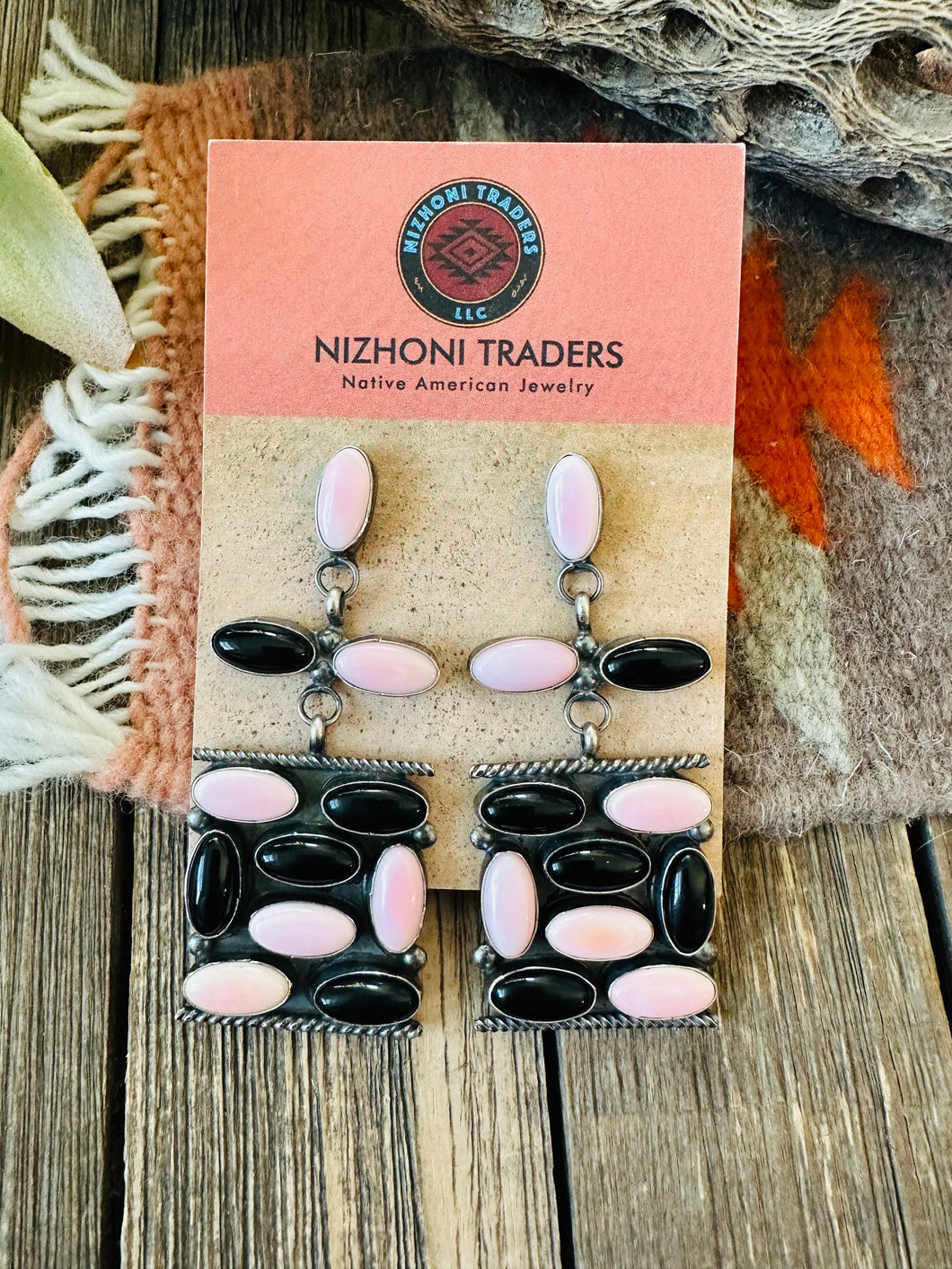 Navajo Queen Pink Conch, Onyx & Sterling Silver Dangle Earrings
