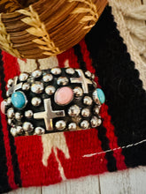 Load image into Gallery viewer, Navajo Queen Pink, Turquoise &amp; Sterling Silver Cross Cuff Bracelet By Chimney Butte