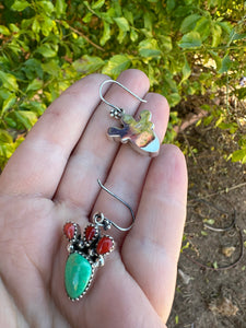 Handmade Sterling Silver, Coral & Dyed Kingman Turquoise Cactus Dangle Earrings