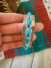 Load image into Gallery viewer, Navajo Hand Stamped Sterling Silver &amp; Turquoise Cuff Bracelet by Benson Shorty