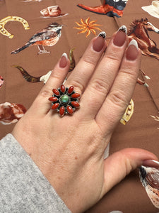 Beautiful Handmade Coral, Sonoran Turquoise And Sterling Silver Adjustable Ring STYLE 3