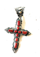 Load image into Gallery viewer, SALE *AUTHENTIC* Navajo Sterling Silver &amp; Coral Cross Pendant by Shawn Cayatineto