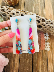 Navajo Sterling Silver, Pink Dream Mojave & Turquoise Dangle Earrings