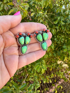 Handmade Sterling Silver, Coral & Dyed Kingman Turquoise Cactus Post Earrings