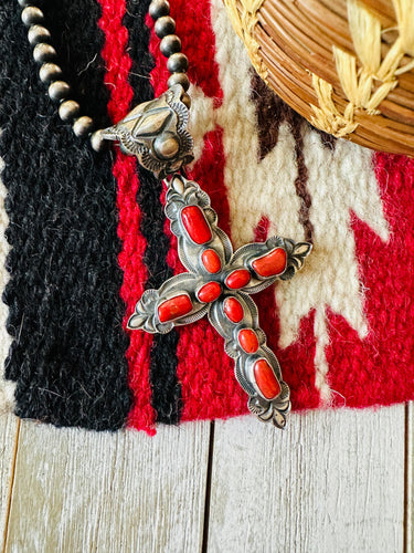 SALE *AUTHENTIC* Navajo Sterling Silver & Coral Cross Pendant by Shawn Cayatineto