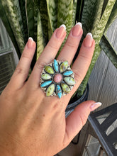 Load image into Gallery viewer, Handmade Golden Hills Turquoise, Pink Conch, Palomino Turquoise And Sterling Silver Adjustable Statment Ring