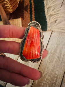 Navajo Orange Spiny & Sterling Silver Ring Size 8.75