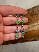 Load image into Gallery viewer, Handmade Sonoran Turquoise, CZ and Sterling Silver Flower Post Dangle Earrings more greens