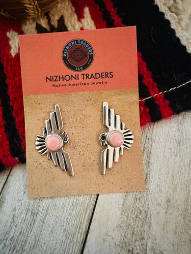 Navajo Sterling Silver & Queen Pink Conch Thunderbird Post Earrings