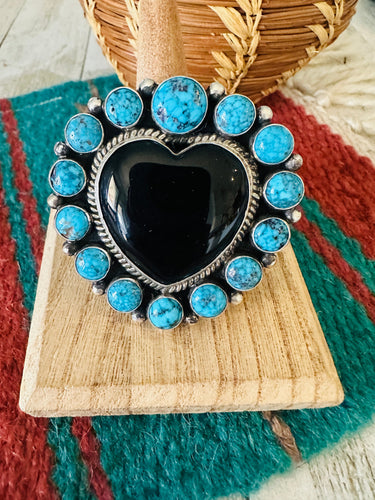 Navajo Sterling Silver, Sleeping Beauty Turquoise & Onyx Adjustable Heart Ring Size