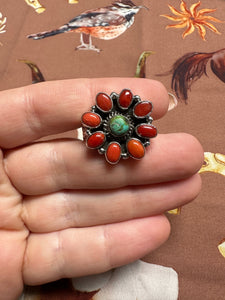 Beautiful Handmade Coral, Sonoran Turquoise And Sterling Silver Adjustable Ring STYLE 8