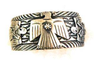 Navajo Hand Stamped Sterling Silver Thunderbird Cuff Bracelet