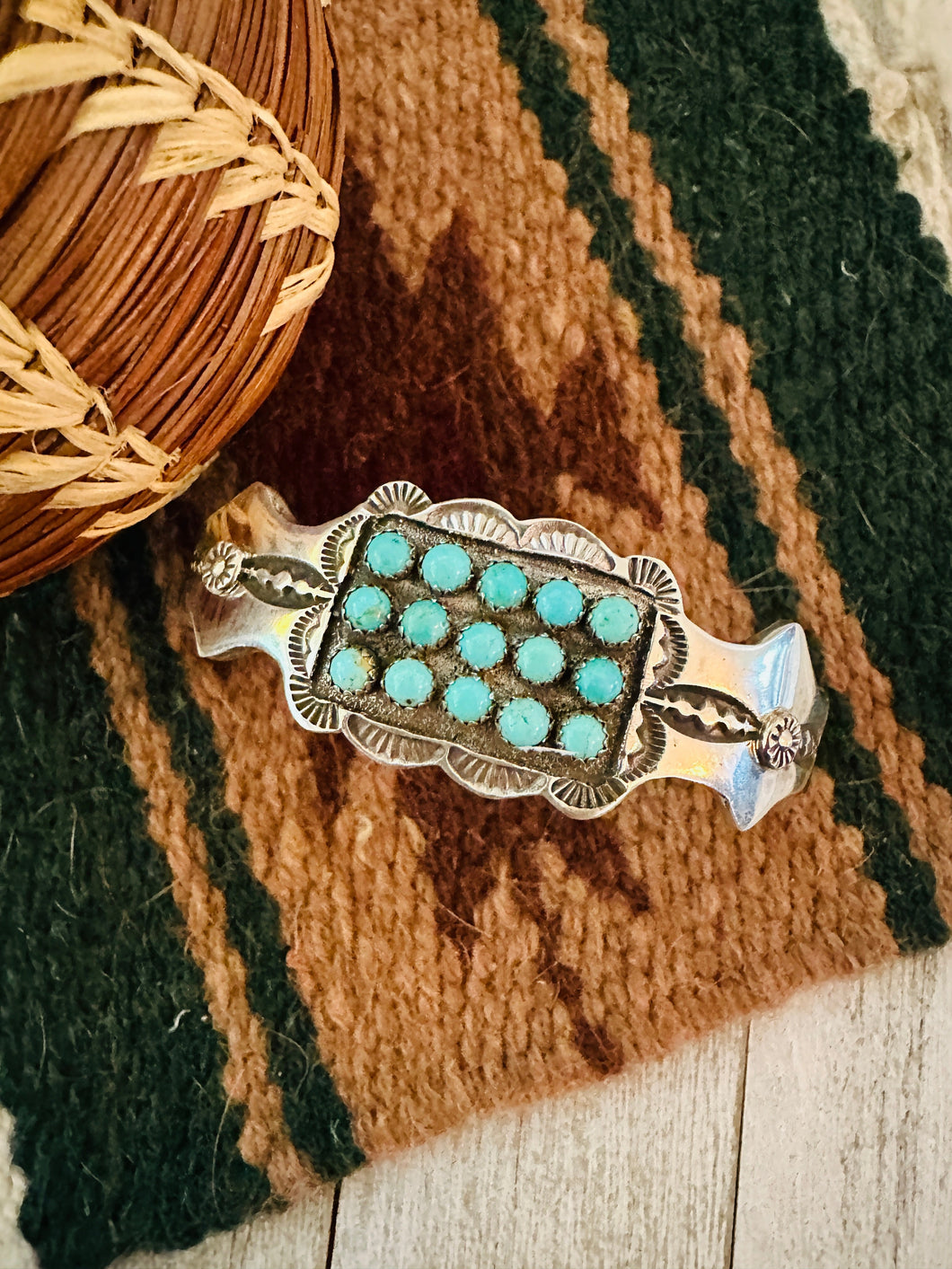 Navajo Turquoise & Sterling Silver Cluster Cuff Bracelet