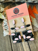 Load image into Gallery viewer, Navajo Queen Pink Conch, Onyx &amp; Sterling Silver Dangle Earrings