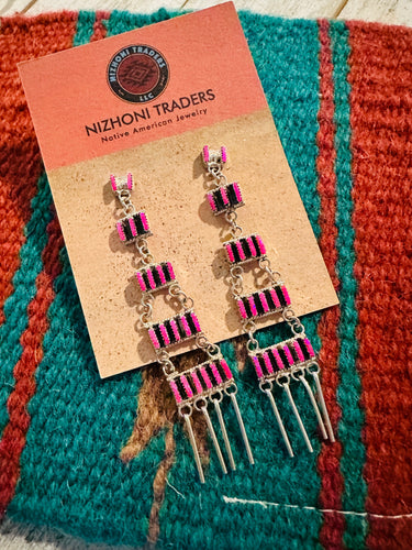 Zuni Sterling Silver & Pink Opal Needlepoint Dangle Earrings