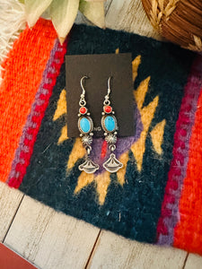 Navajo Turquoise, Coral and Sterling Silver Dangle Earrings