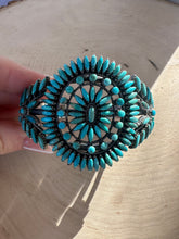 Load image into Gallery viewer, Handmade Sterling Silver &amp; Turquoise Needlepoint Cuff Bracelet Signed Nizhoni