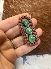 Load image into Gallery viewer, Beautiful Handmade Coral, Sonoran Turquoise And Sterling Silver Adjustable Statement Ring Style 10