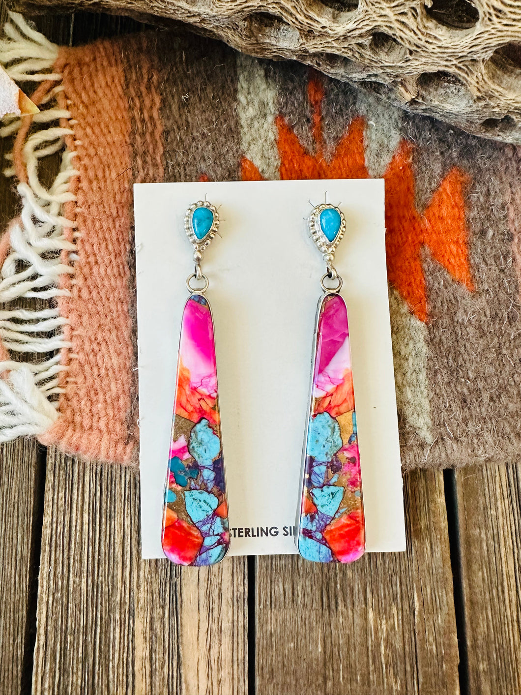 Navajo Sterling Silver, Pink Dream Mojave & Turquoise Dangle Earrings